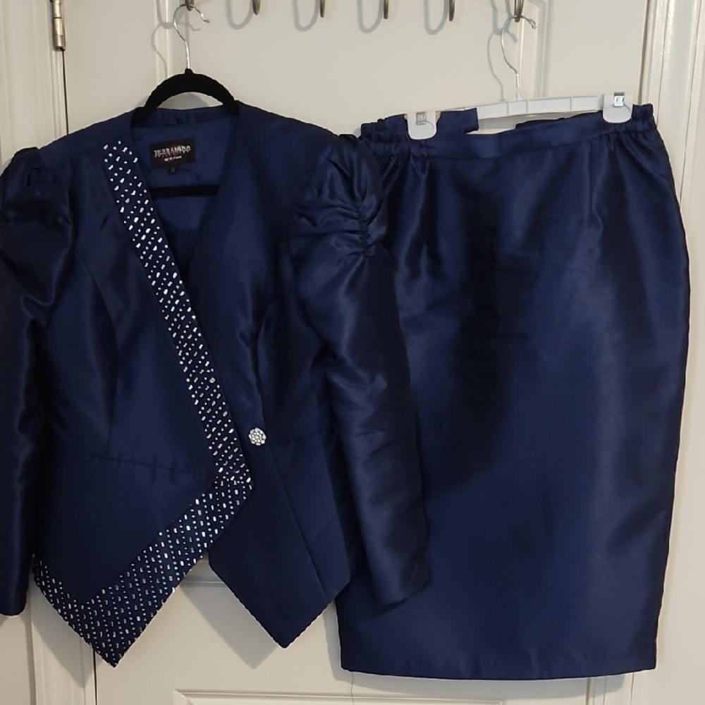 Navy Blue Tailored Suit with Asymmetrical Jacket and Sheen